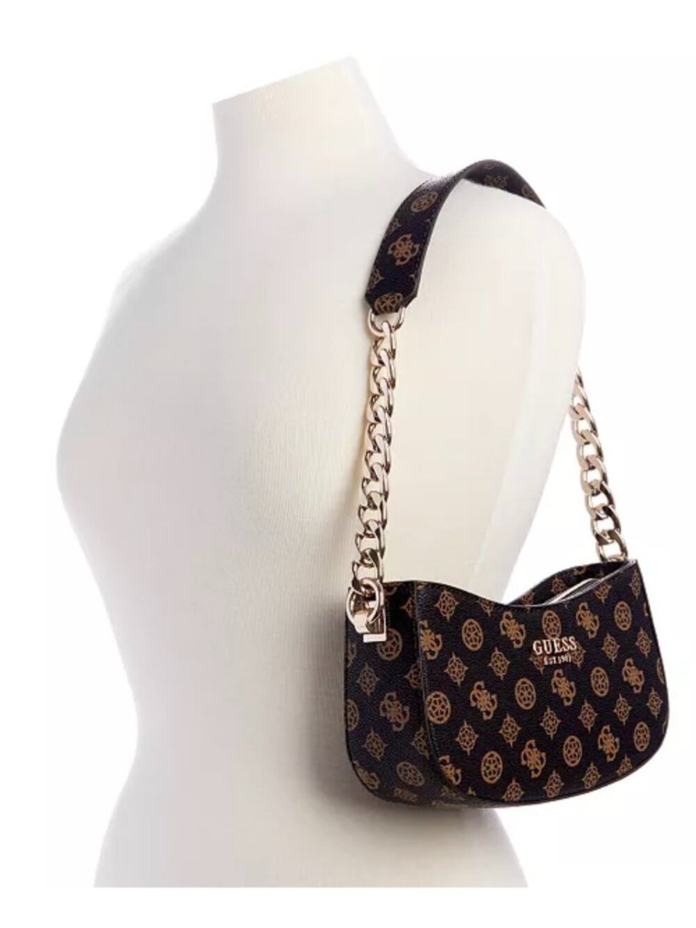 GUESS Evelune Top Zip Chain Link Strap Shoulder Bag Brown